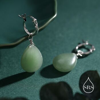Sterling Silver Green Aventurine Jade Droplet Hoop Earrings, 7 of 11