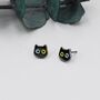 Black Odd Eyed Cat Stud Earrings In Sterling Silver, thumbnail 6 of 12