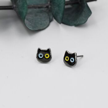 Black Odd Eyed Cat Stud Earrings In Sterling Silver, 6 of 12