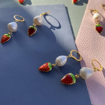 Handmade Strawberry Freshwater Pearl Drop Earrings, 5 of 7