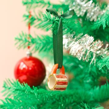 Hand Painted Mini Ceramic Mug Christmas Ornament With Red Stripe, 2 of 5