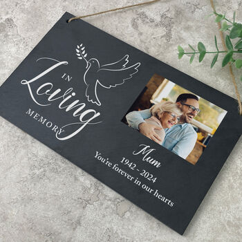 Personalised In Loving Memory Dove Photo Slate Hanging Plaque 25cm, 2 of 6