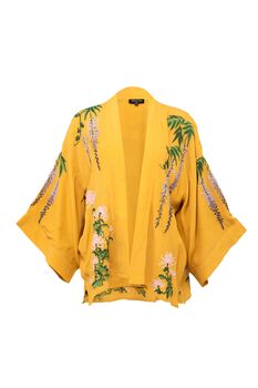 Wisteria And Chrysanthemum Mustard Embroidered Short Kimono, 7 of 8