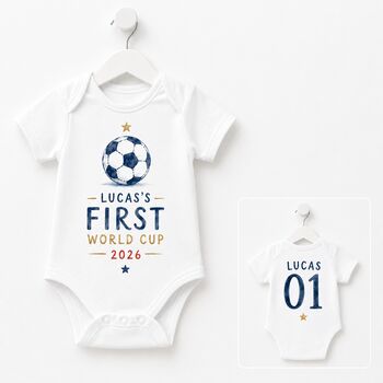 Personalised First World Cup Babygrow / Baby Bodysuit Football, 4 of 4