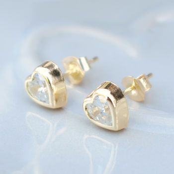 9ct Gold Bezel Set Cubic Zirconia Heart Earrings By Katherine Swaine 9ct Gold Bezel Set Cubic Zirconia Heart Earrings