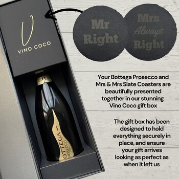 Vino Coco Bottega Prosecco Gift Set With Mr And Mrs Slate Coasters Perfect For Anniversaries And Wedding Presents, 5 of 8