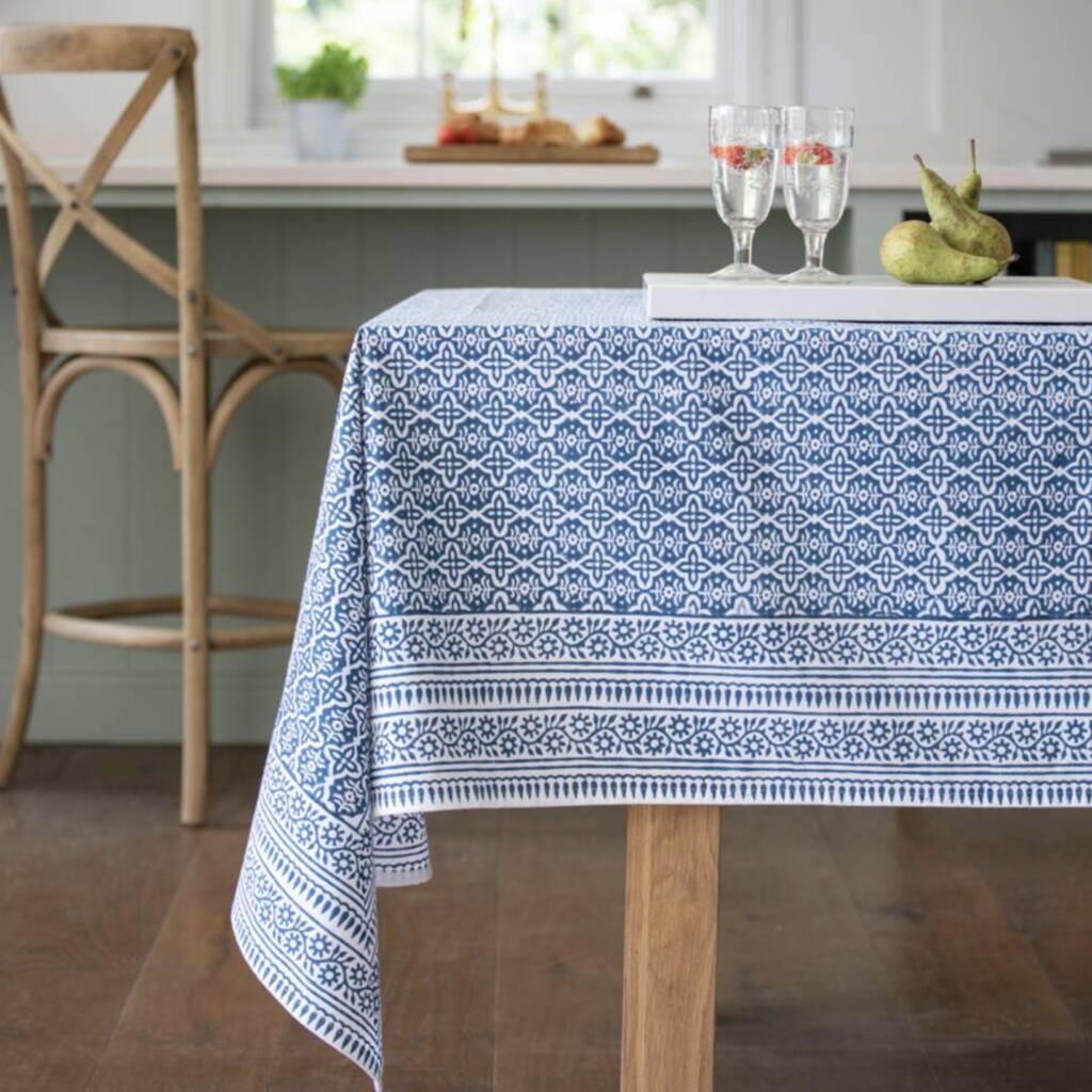 Blue Hand Block Printed Tablecloth, 1 of 2
