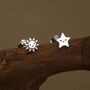 Tiny Mismatched Sun And Star Stud Earrings In Sterling Silver, thumbnail 1 of 12