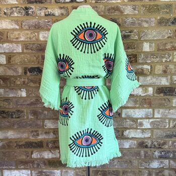 Organic Short Cotton Kimono: Bright Green Eye, 2 of 3