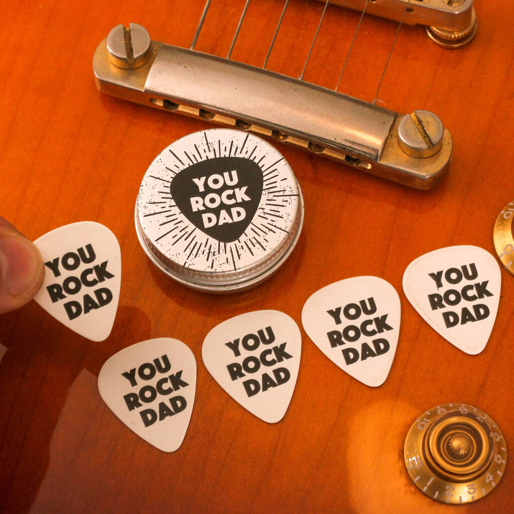 Personalised Rock On Guitar Picks And Tin Gift For Dad, 1 of 6