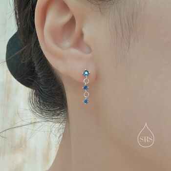Sapphire Blue Triple Cz Dangle Chain Stud Drop Earrings, 6 of 11