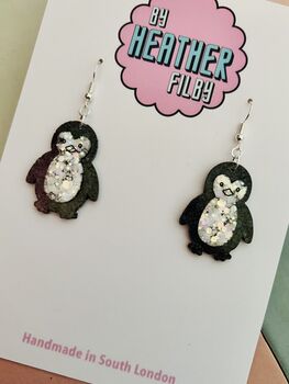 Small Penguin Christmas Glitter Resin Earrings / Festive Jewellery Sparkly Winter Drops / Christmas Gift Small Sparkly Penguin Accessories, 4 of 4