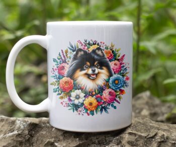 Personalised Pomeranian Summer Floral Dog Wreath Cushion And Mug Gift Bundle B, 2 of 4