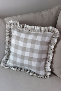 Gingham Check French Linen Frill Ruffle Cushion, 4 of 4