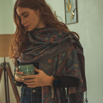 Navy Blue Vintage Butterfly And Tassel Pashmina Scarf, 2 of 2