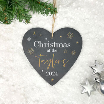 Personalised Festive Gold Slate Hanging Heart Decoration 15 X 16cm, 3 of 6
