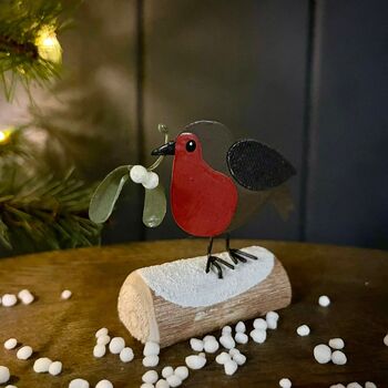 Robin With Mistletoe On Log Christmas Decoration, 2 of 2