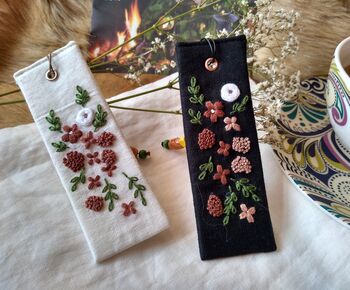 Hand Embroidered Flower On Linen Bookmark, 2 of 11