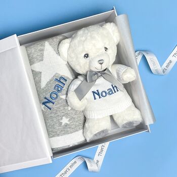 Personalised Grey Stars Blanket And Keeleco Baby Teddy, 6 of 9