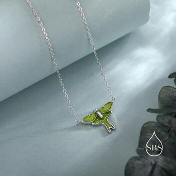 Sterling Silver Green Enamel Lunar Moth Pendant Necklace, 4 of 11
