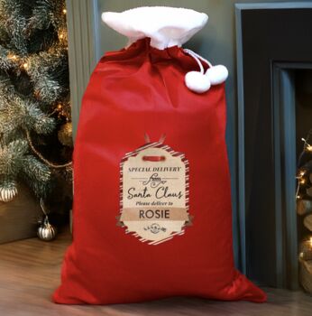 Personalised Special Delivery Luxury Pom Pom Red Sack, 3 of 3