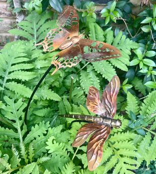 Set Of Two Copper Insect Garden Stakes – Butterfly And Dragonfly On Curved Poles, 6 of 7