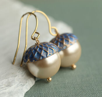 Royal Blue Pearl Gold Acorn Earrings, 6 of 12