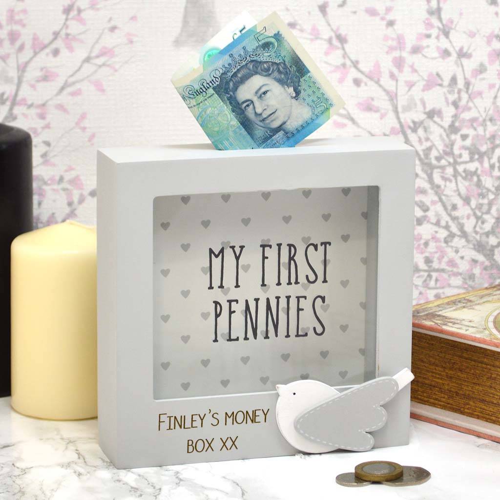 my first pennies personalised money box gift by