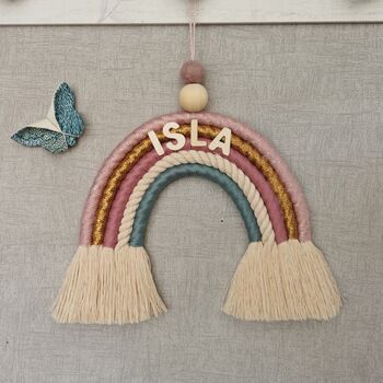 Personalised Rainbow Macrame,Gold Sparkle Wall Hanging, 9 of 12