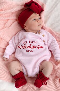 My Daddy's My Valentine Embroidered Personalised Knitted New Baby Romper, 7 of 11