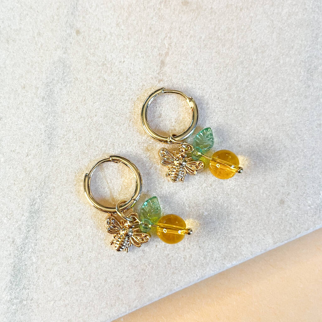 Honey Bee And Orange Bead Huggie Hoop Earrings, 1 of 1