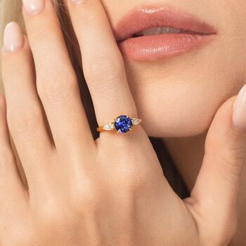 Blue Sapphire Round Cut Three Stone Engagement Ring In Sterling Silver And Gold, 7 of 12