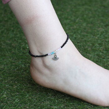 Black Beaded Turquoise Fan Charm Dangle Slim Anklet, 3 of 3
