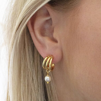 Gold Plated Triple Hoop Pearl Earrings, 2 of 5