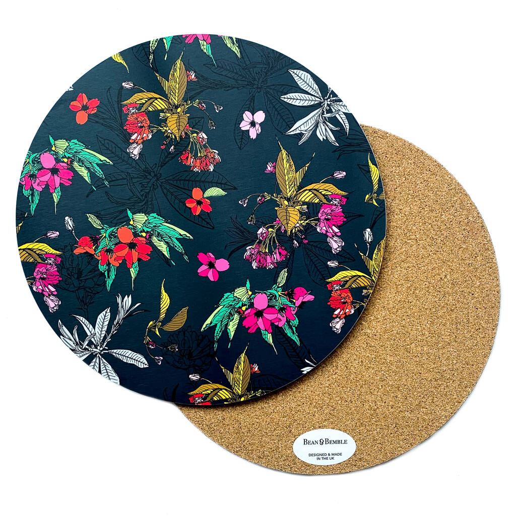 Round Placemat Large Wood Melamine Cherry Blossom Navy, 1 of 10