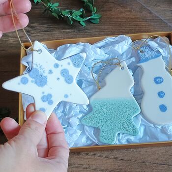 Decoration Gift Set Of Three. Blue Ceramic Decorations Gift Box, 2 of 2