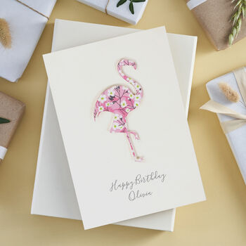 Personalised Liberty Print Flamingo Birthday Card, 4 of 7