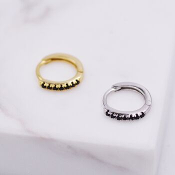 Sterling Silver Skinny Huggie Hoop Earrings With Black Cz Crystals, 8 of 12