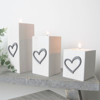 Winter White Wooden Tea Light Holders Grey Heart Design, 2 of 6