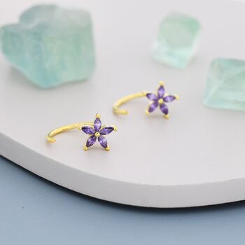 Amethyst Purple Flower Cz Huggie Hoop Earrings, 6 of 12