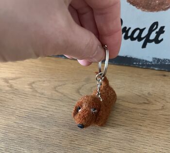 Needle Felted Handmade Tiny Dachshund Keyring/Black And Tan/Chocolate And Tan/Red, 7 of 12