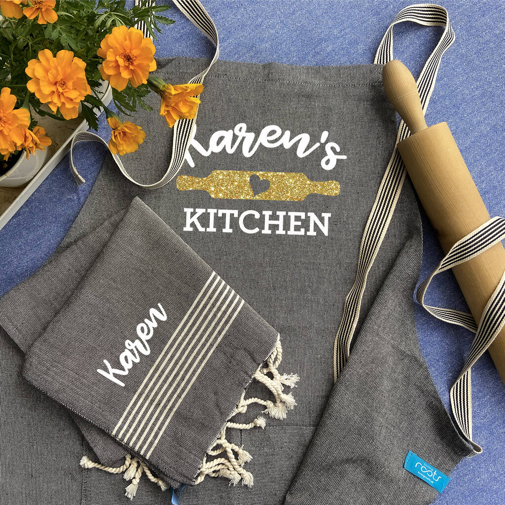 Personalised Cotton Kitchen Apron And Kitchen Towels, 1 of 11