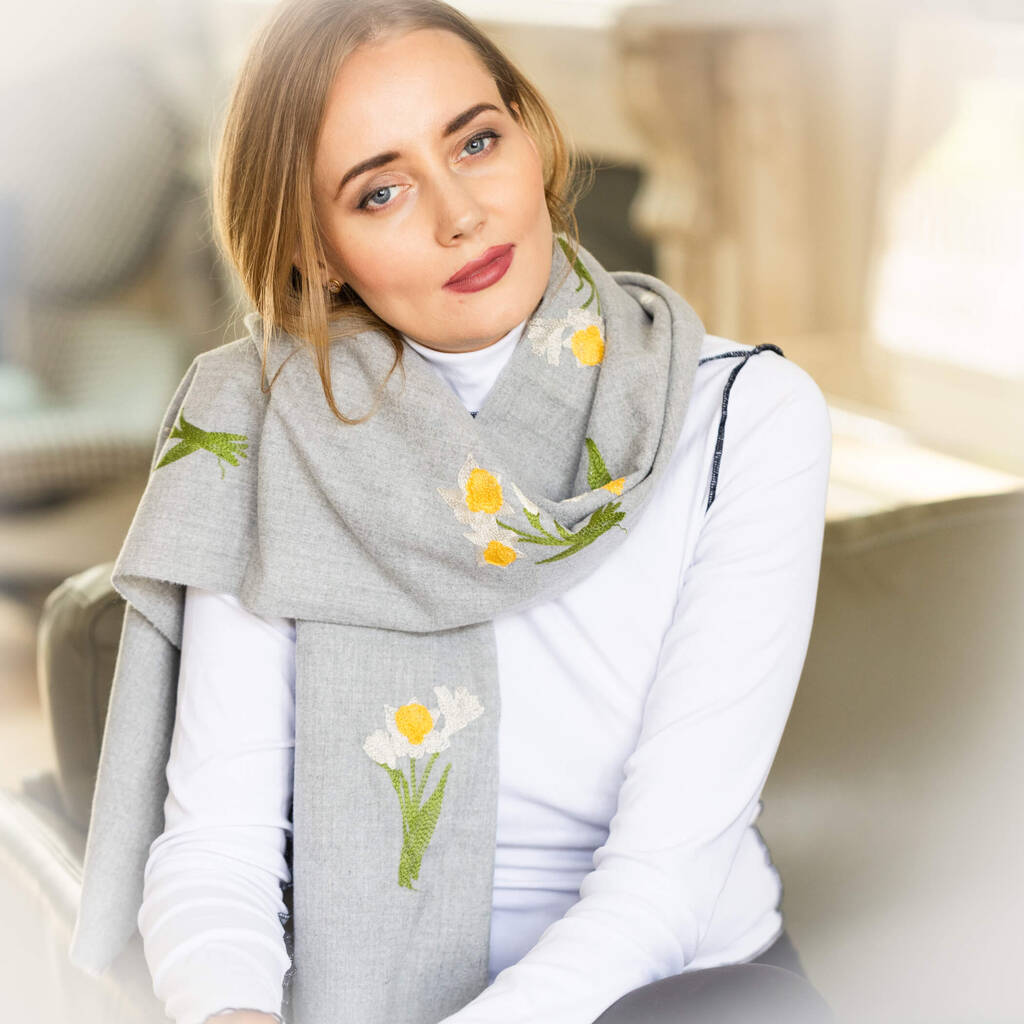 March Birth Flower Daffodil Full Embroidered Scarf, 1 of 5
