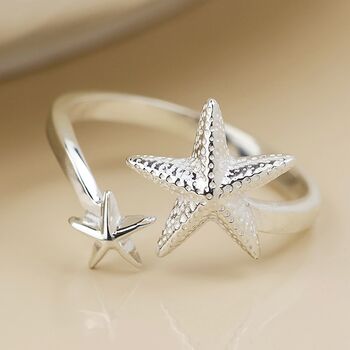Sterling Silver Starfish Adjustable Open Band Ring, 3 of 6