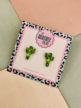 Desert Sparkle Cactus Glitter Resin Stud Earrings, 2 of 3