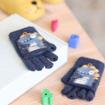 Kids’ 'DinoRex' Flip Over Mitten Cap Gloves – Soft Fuzzy Yarn Knit, 2 of 12