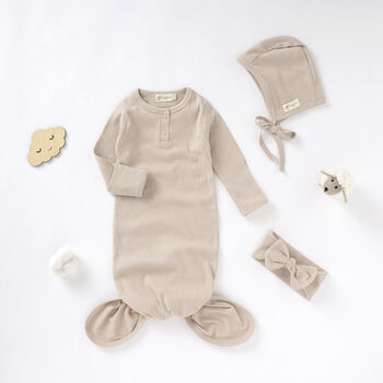 Organic Cotton Baby Gown, Bonnet And Headband Set, 4 of 5