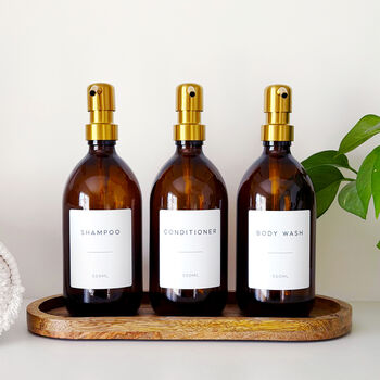Set Of Three Amber Bathroom Bottles Choice Of Metal Pump Colour, 5 of 11