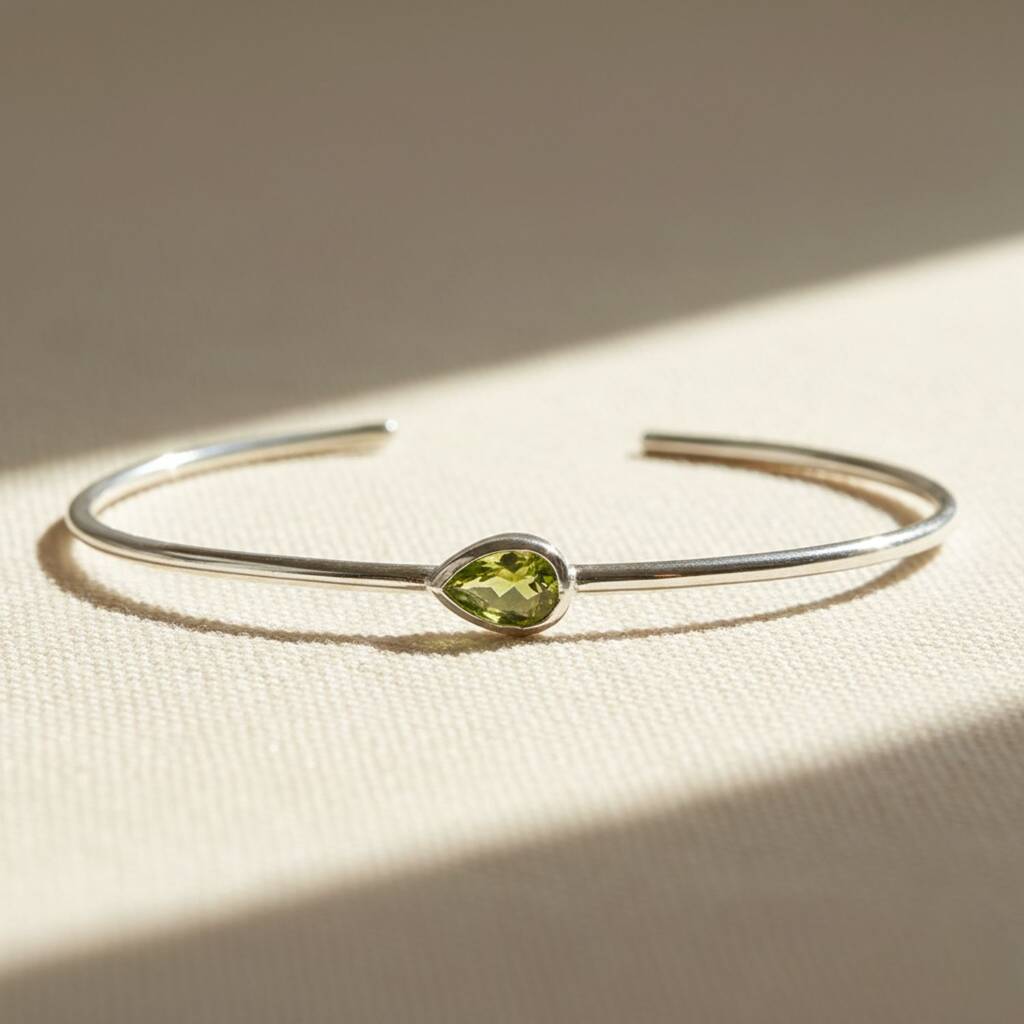 Minimalist Peridot August Birthstone Silver Bangle, 1 of 5