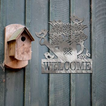 Rusted Watering Can Birds And Flowers Welcome Sign, 5 of 10